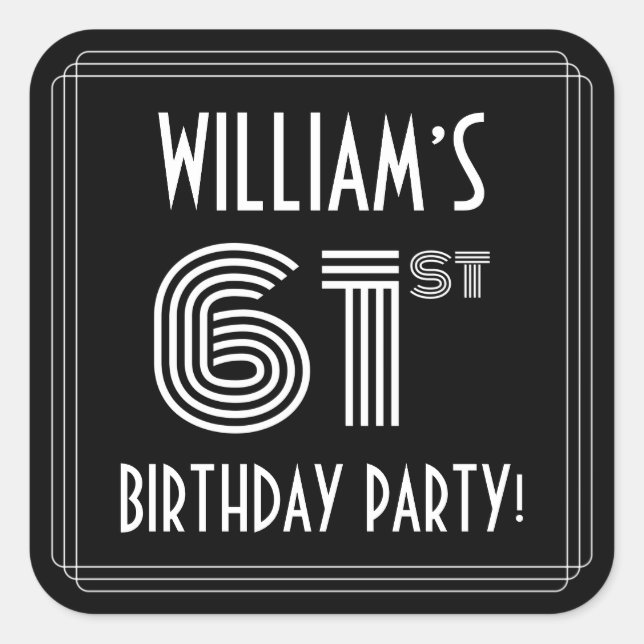 61st Birthday Party: Art Deco Style & Custom Name Square Sticker (Front)