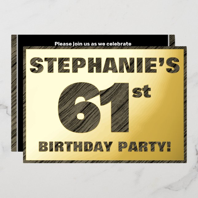 61st Birthday Party — Bold, Faux Wood Grain Text (Front/Back)