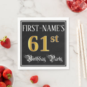 61st Birthday Party — Fancy Script, Faux Gold Look Napkin
