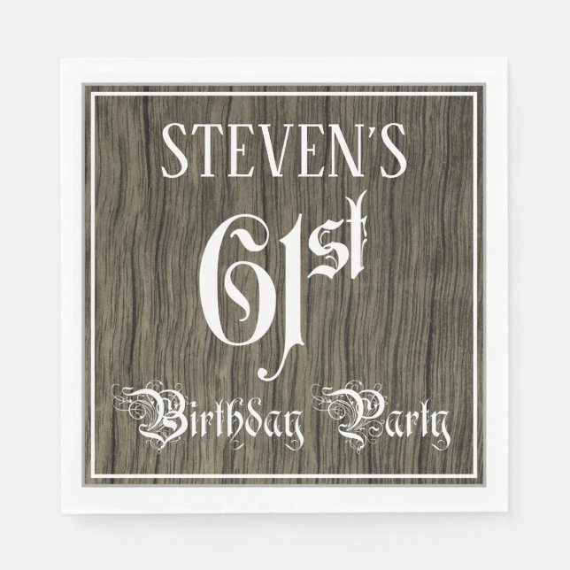 61st Birthday Party — Fancy Script, Faux Wood Look Napkin (Front)