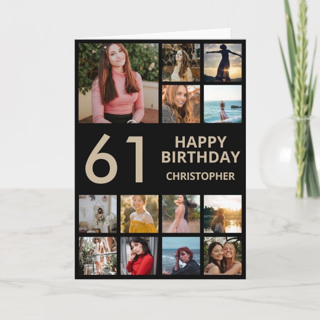 61st Birthday Photo Collage 13 Photos Black & Gold Card (Front)