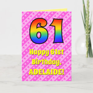 61st Birthday: Pink Stripes & Hearts, Rainbow # 61 Card