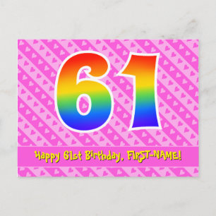 61st Birthday: Pink Stripes & Hearts, Rainbow 61 Postcard