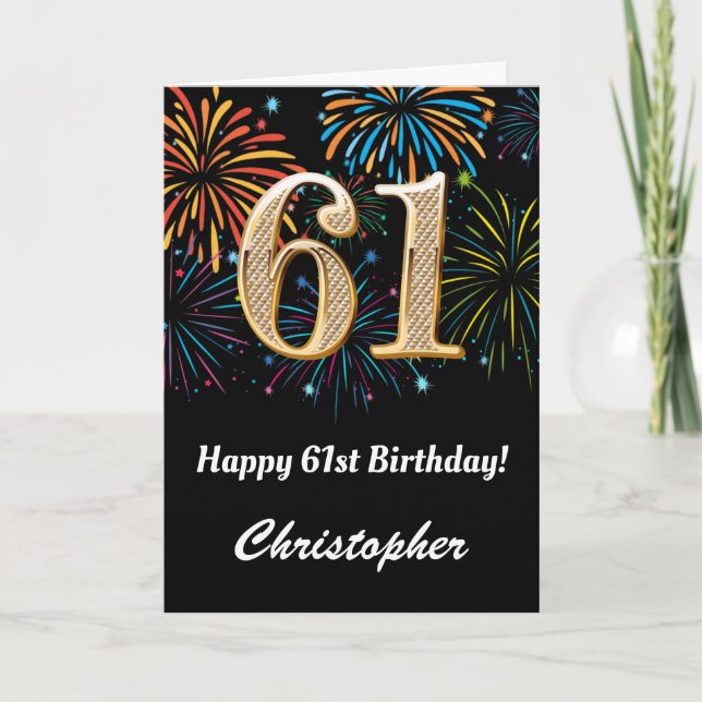 61st Birthday Rainbow Fireworks Black and Gold Card (Front)