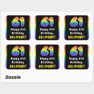 61st Birthday: Rainbow Spectrum # 61, Custom Name Square Sticker