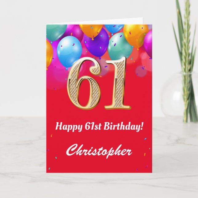 61st Birthday Red and Gold Colourful Balloons Card (Front)