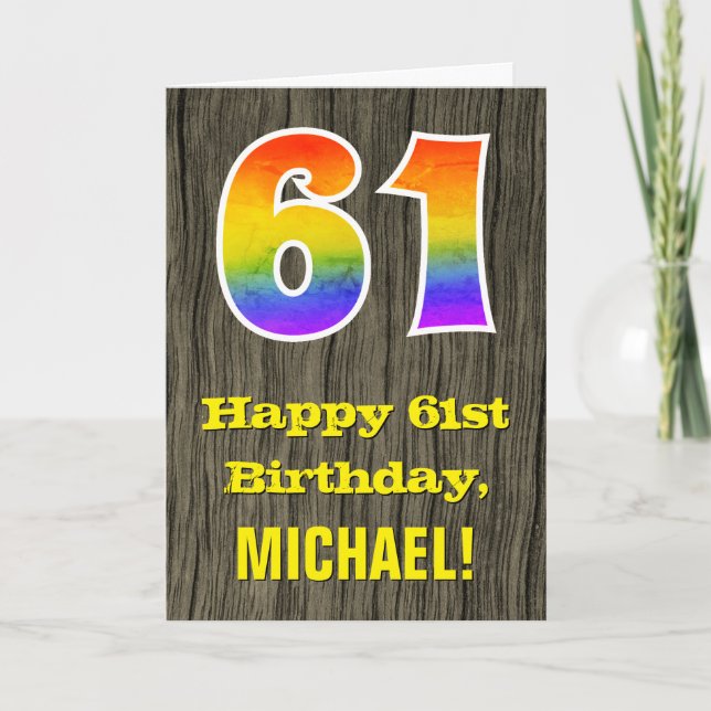 61st Birthday: Rustic Faux Wood Look, Rainbow "61" Card (Front)
