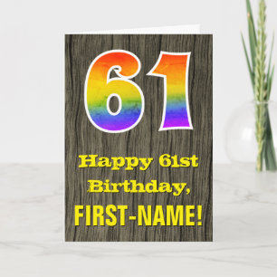 61st Birthday: Rustic Faux Wood Look, Rainbow "61" Card