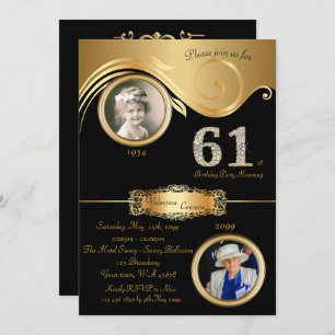 61st,Birthday Woman 61st,elegant art deco,black Invitation