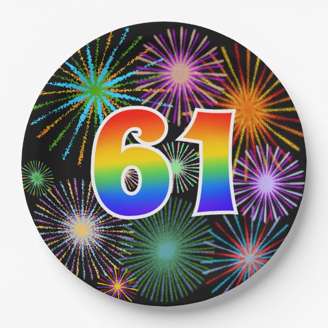 61st Event - Fun, Colourful, Bold, Rainbow 61 Paper Plate (Front)