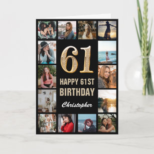 61st Happy Birthday Black and Gold Photo Collage Card