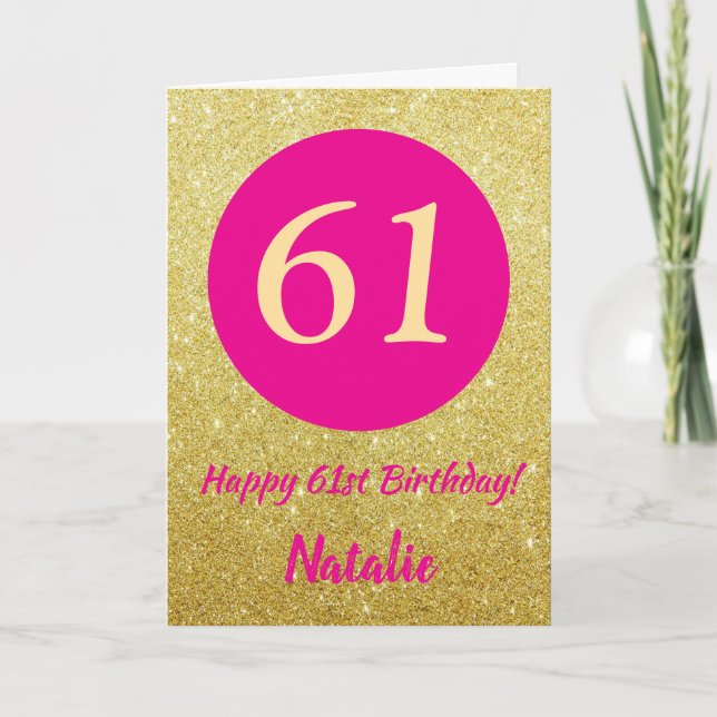 61st Happy Birthday Hot Pink and Gold Glitter Card (Front)