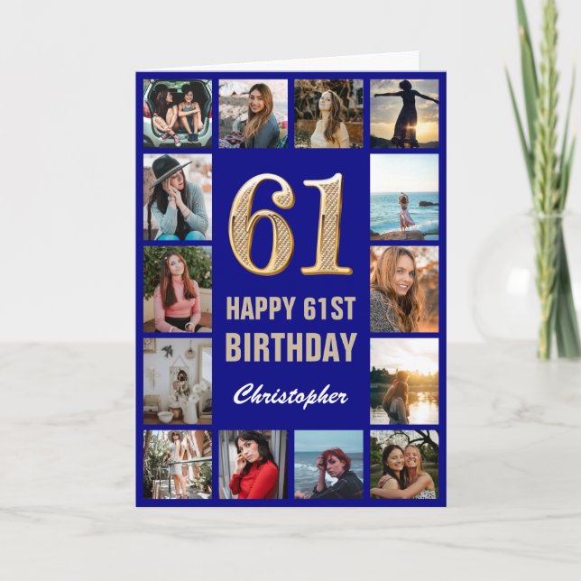 61st Happy Birthday Navy Blue & Gold Photo Collage Card (Front)