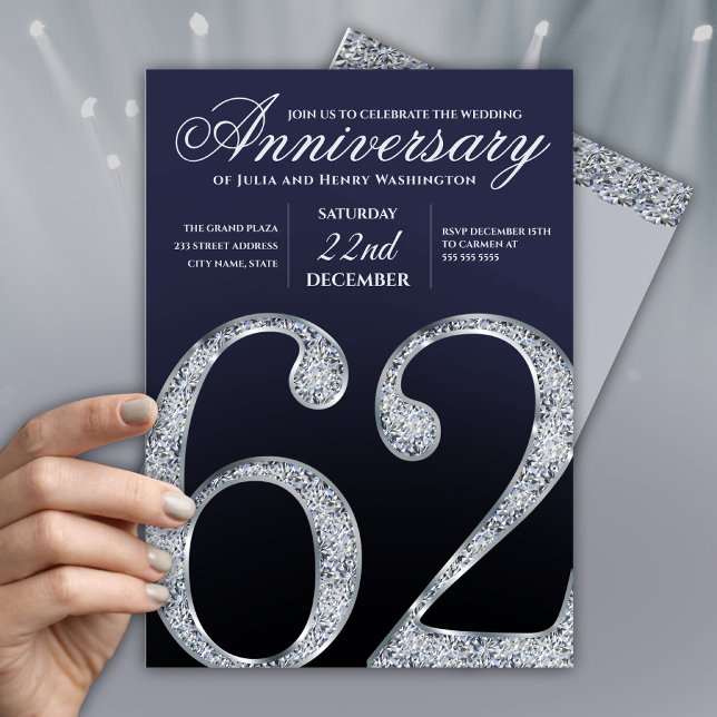 62nd Anniversary Diamond Silver Navy Blue Modern Invitation (Creator Uploaded)