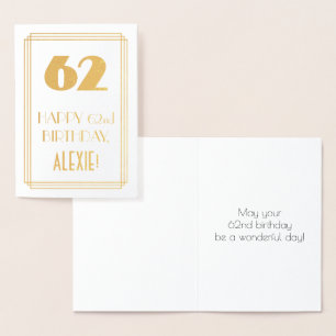 62nd Birthday: Art Deco Inspired Look "62" & Name Foil Card