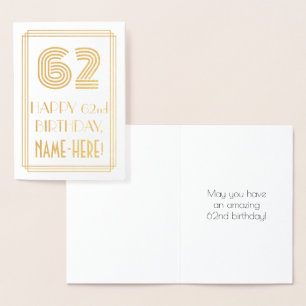 62nd Birthday - Art Deco Inspired Look "62" & Name Foil Card
