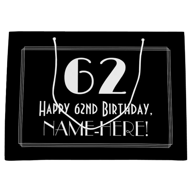 62nd Birthday: Art Deco Inspired Style "62", Name Large Gift Bag (Front)