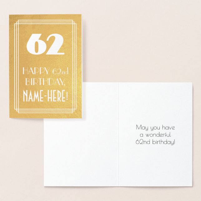 62nd Birthday ~ Art Deco Style "62" & Custom Name Foil Card (Display)