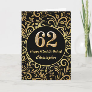 62nd Birthday Black and Gold Floral Pattern Card