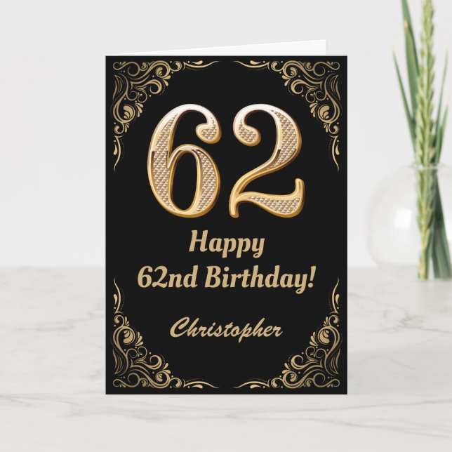 62nd Birthday Black and Gold Glitter Frame Card (Front)