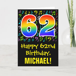 62nd Birthday: Colorful Music Symbols + Rainbow 62 Card