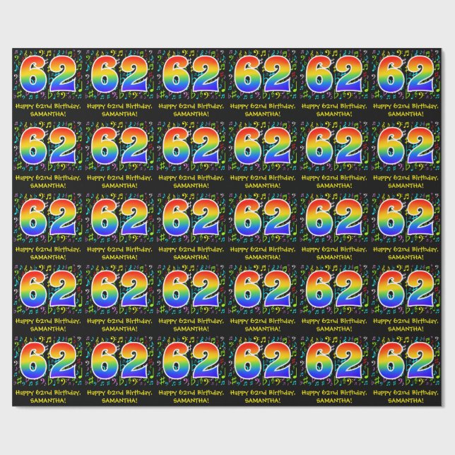 62nd Birthday: Colourful Music Symbols, Rainbow 62 Wrapping Paper (Flat)