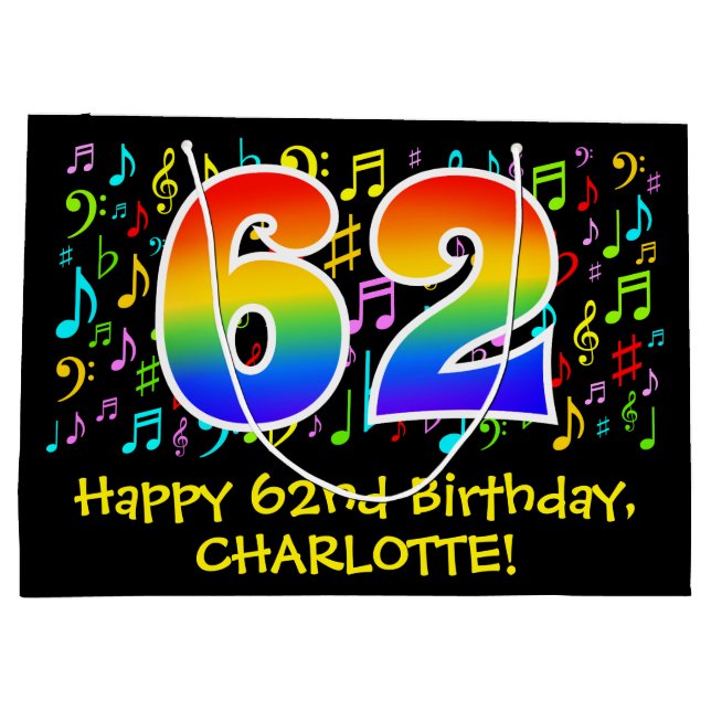 62nd Birthday - Colourful Music Symbols, Rainbow 6 Large Gift Bag (Back)