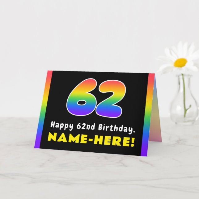 62nd Birthday: Colourful Rainbow # 62, Custom Name Card (Small Plant)