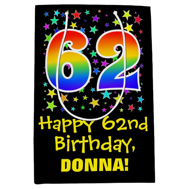 62nd Birthday: Colourful Stars Pattern & Rainbow 6 Medium Gift Bag (Front)