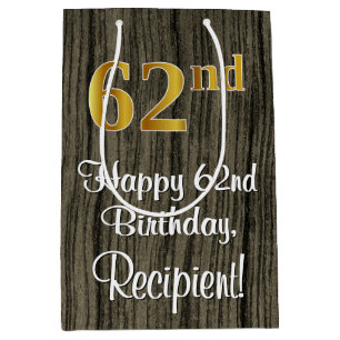 62nd Birthday: Elegant Faux Gold Look #, Faux Wood Medium Gift Bag