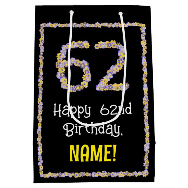 62nd Birthday: Floral Flowers Number, Custom Name Medium Gift Bag (Back)