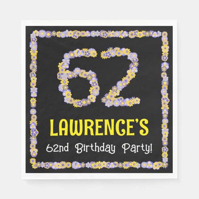 62nd Birthday: Floral Flowers Number, Custom Name Napkin (Front)