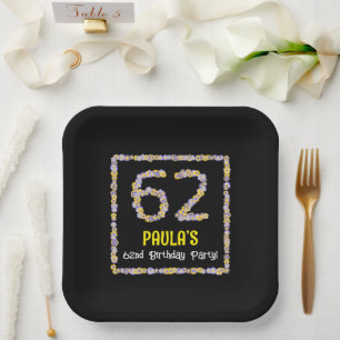 62nd Birthday: Floral Flowers Number, Custom Name Paper Plate