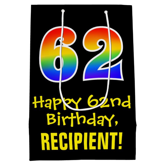 62nd Birthday: Fun, Bold, Colourful, Rainbow "62" Medium Gift Bag (Back)