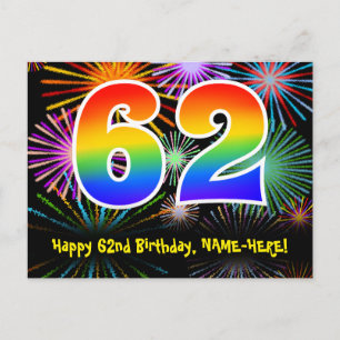 62nd Birthday – Fun Fireworks Pattern + Rainbow 62 Postcard