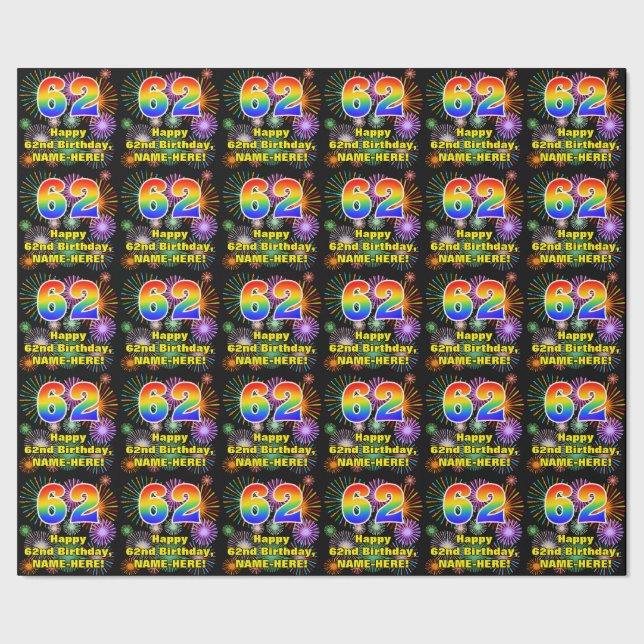 62nd Birthday: Fun Fireworks, Rainbow Look # “62” Wrapping Paper (Seam)