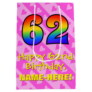 62nd Birthday: Fun Pink Hearts Stripes; Rainbow 62 Medium Gift Bag