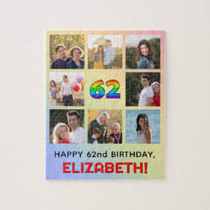 62nd Birthday: Fun Rainbow #, Custom Name & Photos Jigsaw Puzzle
