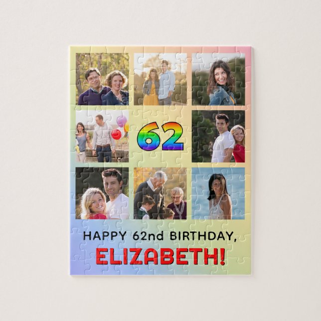 62nd Birthday: Fun Rainbow #, Custom Name & Photos Jigsaw Puzzle (Vertical)