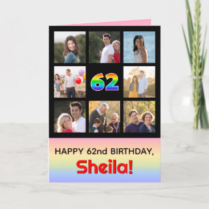 62nd Birthday: Fun Rainbow #, Custom Photos + Name Card