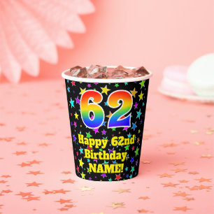 62nd Birthday: Fun Stars Pattern and Rainbow 62 Paper Cups