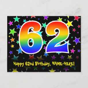 62nd Birthday: Fun Stars Pattern, Rainbow 62, Name Postcard
