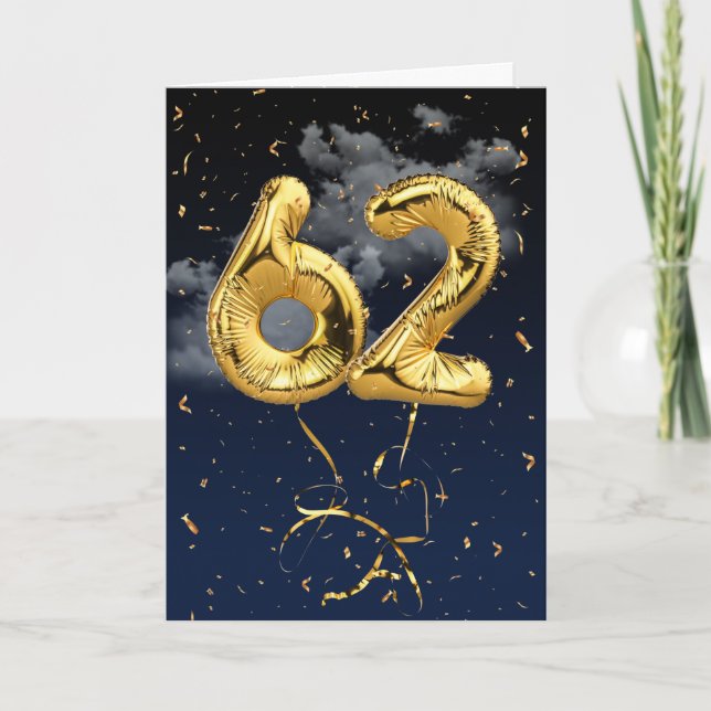 62nd Birthday Gold Mylar Balloon and Confetti Card (Front)