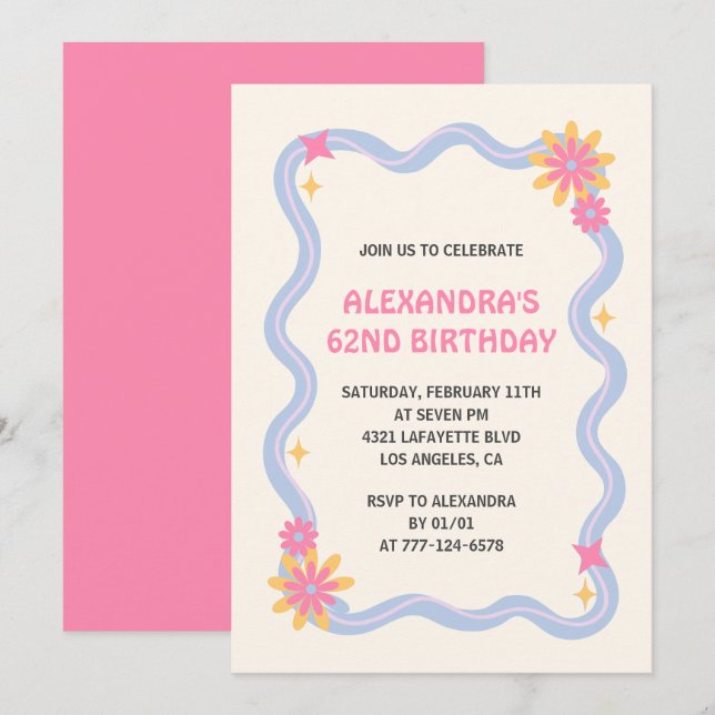 62nd birthday invitation Retro Groovy Pink Flowers (Front/Back)