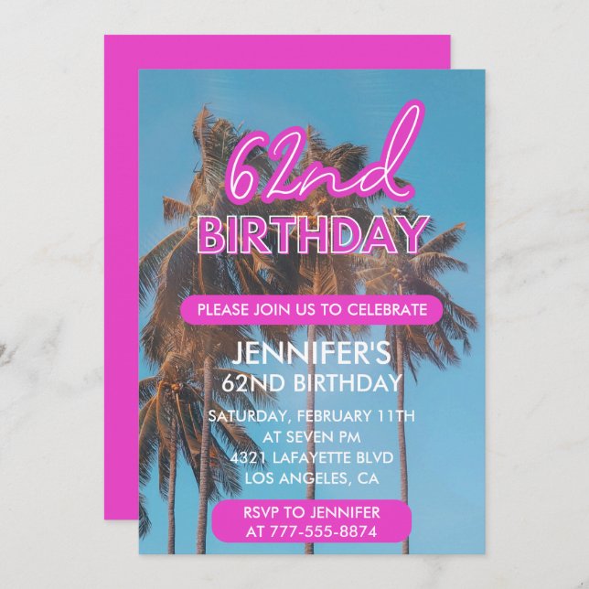 62nd birthday invitation Summer Pink Palm tree (Front/Back)