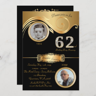 62nd,Birthday Man 62nd,elegant art deco,black gold Invitation
