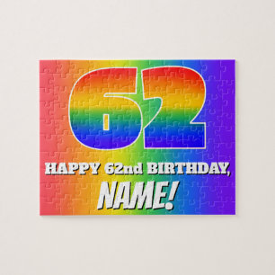 62nd Birthday — Multicolored Rainbow Pattern “62” Jigsaw Puzzle