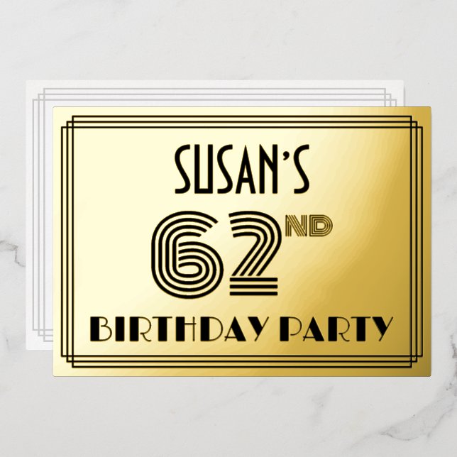 62nd Birthday Party — Art Deco Style “62” & Name (Front/Back)