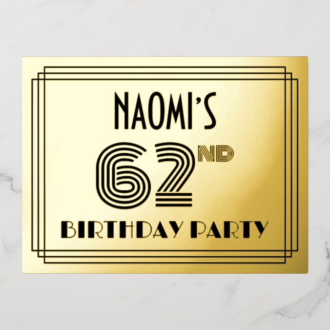 62nd Birthday Party ~ Art Deco Style “62” + Name Foil Invitation Postcard (Front)