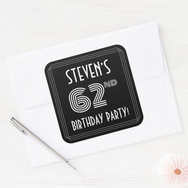 62nd Birthday Party: Art Deco Style & Custom Name Square Sticker (Envelope)
